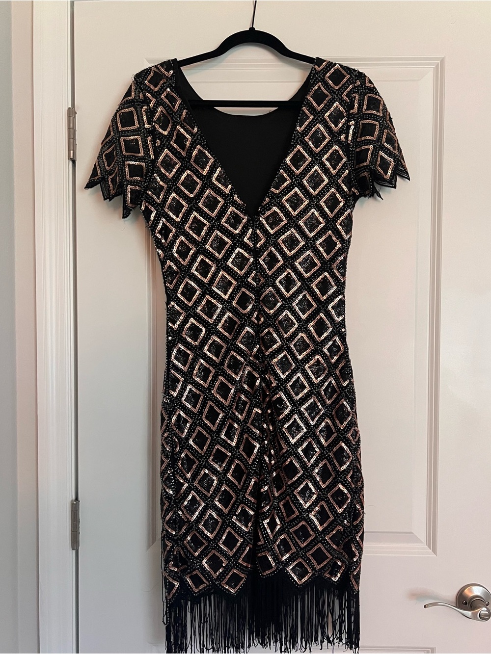 Vintage 1920s Art Deco Black Beaded Sequin Fringe Cocktail Dress | Size L - Picture 3 of 6